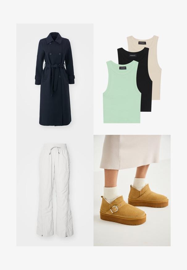 Navy blue trench coat made of wool blend fabric, featuring a double-breasted front, belted waist, and side pockets.; Three tank tops in mint green, black, and beige; made of ribbed fabric with a round neckline and no sleeves. Brand label visible.; Light grey cargo pants made of textured fabric, featuring an elastic waistband with drawstring, side pockets, and zippers at the ankles.; Tan suede ankle boots with a flat sole, featuring a buckle strap and a plush inner lining, paired with ribbed cream socks.