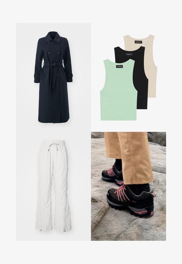 Navy blue trench coat made of wool blend fabric, featuring a double-breasted front, belted waist, and side pockets.; Three tank tops in mint green, black, and beige; made of ribbed fabric with a round neckline and no sleeves. Brand label visible.; Light grey cargo pants made of textured fabric, featuring an elastic waistband with drawstring, side pockets, and zippers at the ankles.; Black and gray hiking shoes with pink accents, featuring a textured upper, reinforce toe cap, and rugged grip sole, resting on rocky terrain.