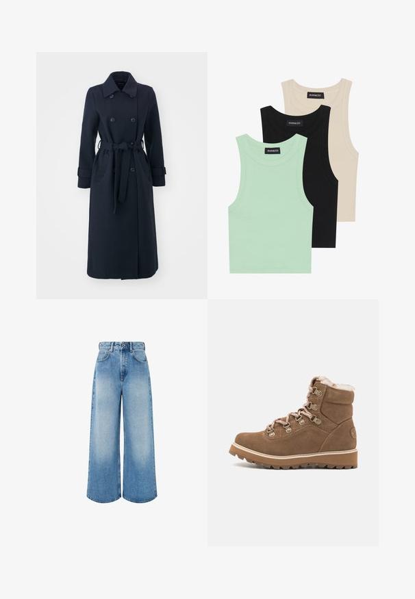 Marineblauwe trenchcoat van een wolblendstof, met een dubbelzijdige voorkant, een ceintuur in de taille en zijzakken.; Drie tanktops in mintgroen, zwart en beige; gemaakt van ribbelstof met een ronde halslijn en zonder mouwen. Merkenlabel zichtbaar.; Lichtblauwe wijde jeans van denim, met een hoge taille, knoopsluiting en subtiele vervagingen met schone zoomranden.; Bruine suède enkellaars met nep bontvoering, metalen veterogen en een chunky rubberen zool met een gestructureerd profiel.