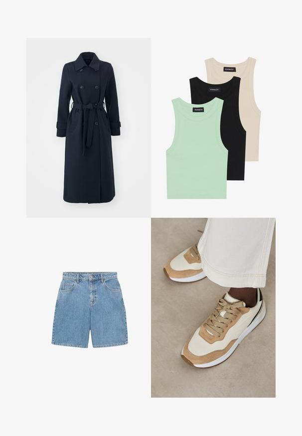 Námorně modrý trenčkot vyrobený z vlněného směsového materiálu, s dvouřadým zapínáním, páskem v pase a bočními kapsami.; Tři tílka v mátové zelené, černé a béžové barvě; vyrobená z žebrované látky s kulatým výstřihem a bez rukávů. Viditelná značková etiketa.; Džínové šortky ve světle modré barvě, s vysokým pasem, čtyřmi kapsami a viditelným prošíváním. Vyrobené z texturované džínoviny.; Světlé hnědé a béžové tenisky s hladkým svrškem, texturovanými semišovými akcenty, plochými tkaničkami a bílou gumovou podrážkou.