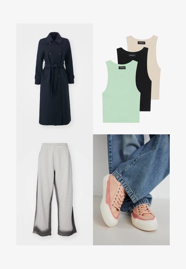 Tumedat sinine trench coat, mis on valmistatud villase segu kangast, topelt nööbistatud Front, vööga talje ja küljetaskudega.; Kolm t-särki mentool verdes, mustas ja beežis; ribakangast, ümmarguse kaelusega ja ilma varrukateta. Brändi silt on nähtav.; Hallid hallid dressipüksid tekstureeritud viimistlusega, millel on järkjärguline tumsinise halli fade hemmi ääres, elastne vöökoht ja lai jalg.; Roosa kanvasest tennisekingad valgete kummitaldadega, millel on ümmargused nööbiliistud ja kulunud detailid, koos siniste laiapõhjaliste teksadega.