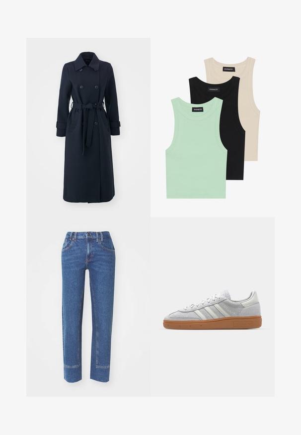 Mornarsko modra trench plašč iz mešanice wolne, z dvojno zadrgo, pasom in stranskimi žepi.; Tri tanke s kratkimi rokavi v mint zeleni, črni in bež barvi; narejene iz rebrastih tkanin z okroglim izrezom in brez rokavov. Vidna oznaka blagovne znamke.; Modri kavbojke z ravnim krojem, petimi žepi in kontrastnimi šivi. Tkanina ima rahlo teksturo in klasičen zaključek.; Svjetlo sivi suedesni sportski cipeli s bijelim kožnim naglascima, tri bijele pruge i smeđi gumeni potplat, s podstavljenim ovratnikom za udobnost.