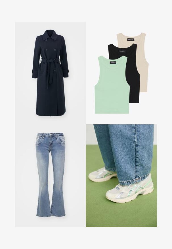 Marineblå trenchcoat laget av ullblandingsstoff, med dobbelspent front, belte i midjen og sidelommer.; Tre tank topper i mintgrønn, svart og beige; laget av ribbestrikket stoff med rund hals og uten ermer. Merket synlig.; Blå vide jeans laget av denim, med en lys vask, fem lommer og knappelukking. Benene er brede ved kanten.; Hvite og sølvfargede mesh-sko med grønne detaljer, iført løse blå jeans, står på et grønt teppe.