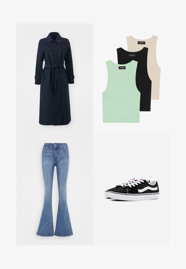 Navy blue trench coat made of wool blend fabric, featuring a double-breasted front, belted waist, and side pockets.; Three tank tops in mint green, black, and beige; made of ribbed fabric with a round neckline and no sleeves. Brand label visible.; Flared jeans in light blue denim with a high waist, featuring front pockets and a clean hem at the flared bottom.; Black suede sneakers with white laces, featuring a prominent white side stripe and black rubber sole, showcasing contrast stitching details.