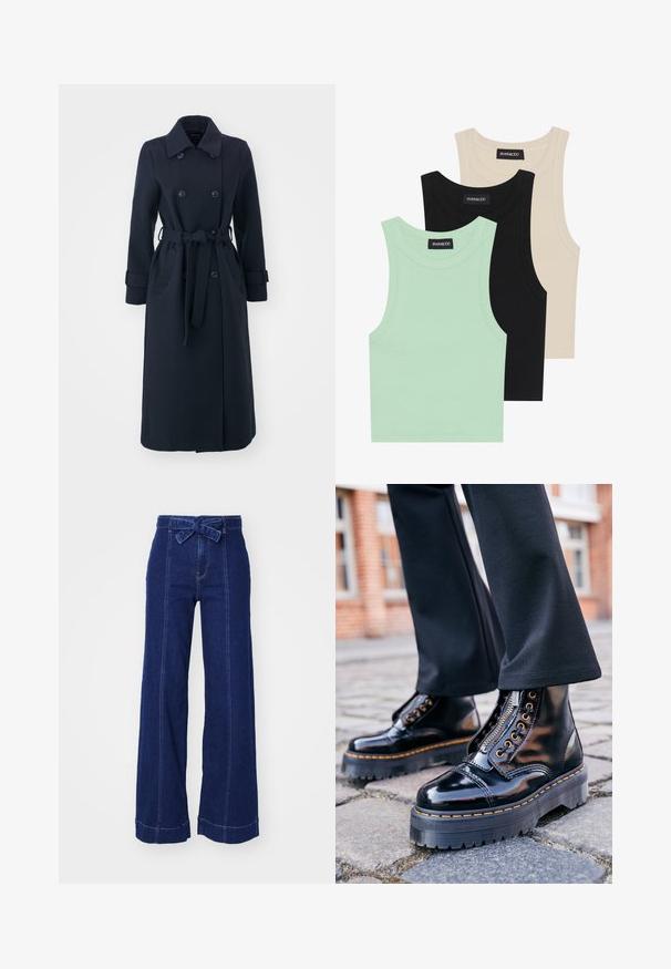 Tums zila virsjakas mēteli no vilnas maisījuma auduma, ar divrindu piegriezumu priekšā, jostu viduklī un sānu kabatām.; Trīs bezpiedurkņu topi mint zaļā, melnā un bēšā krāsā; izgatavoti no ribotas auduma ar apaļu dekoltē. Redzama zīmola etiķete.; Platām kāju tumši džinsu biksēm ar augstu jostu, kas aprīkotas ar priekšējo saišu jostu un atšķirīgu diegu šuvēm gar sānu vīlēm un apakšmalām.; Melni laku ādas potītes zābaki ar biezām gumijas zolēm, sānu rāvējslēdzēju, zelta acu piederumiem un kontrastējošu dzeltenu izšuvumu.