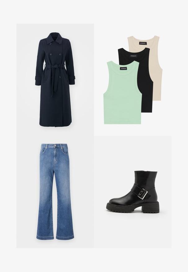 Navy plavi trench kaput od mješavine vune, s dvostrukim kopčanjem sprijeda, pojasom u struku i bočnim džepovima.; Tri majice bez rukava u boji mente, crnoj i bež boji; izrađene od rebraste tkanine s okruglim izrezom. Vidljiva oznaka branda.; Svijetloplavi traper široki traperice s visokim strukom, pet džepova i suptilnim izbljeđivanjem. Šivani rubovi i standardno kopčanje na dugme.; Crne kožne gležnjače s blok petom, s ukrasnom trakicom i detaljem s kopčom, teksturiranom potplatom i glatkom završnom obradom.