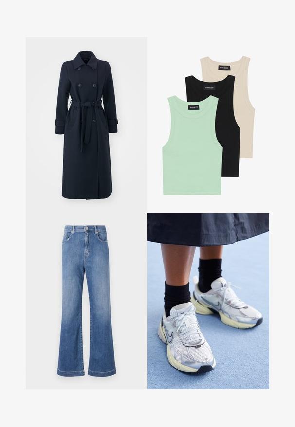 Marineblå trenchcoat laget av ullblandingsstoff, med dobbelspent front, belte i midjen og sidelommer.; Tre tank topper i mintgrønn, svart og beige; laget av ribbestrikket stoff med rund hals og uten ermer. Merket synlig.; Lys blå denim flared jeans med høy midje, fem lommer og subtil falming. Stikking på sømmene og en standard knappelukking.; Hvite og sølv Nike-sneakers med mesh-stoff, reflekterende detaljer, og en beige såle. Brukt med svarte sokker, stående på en blå overflate.