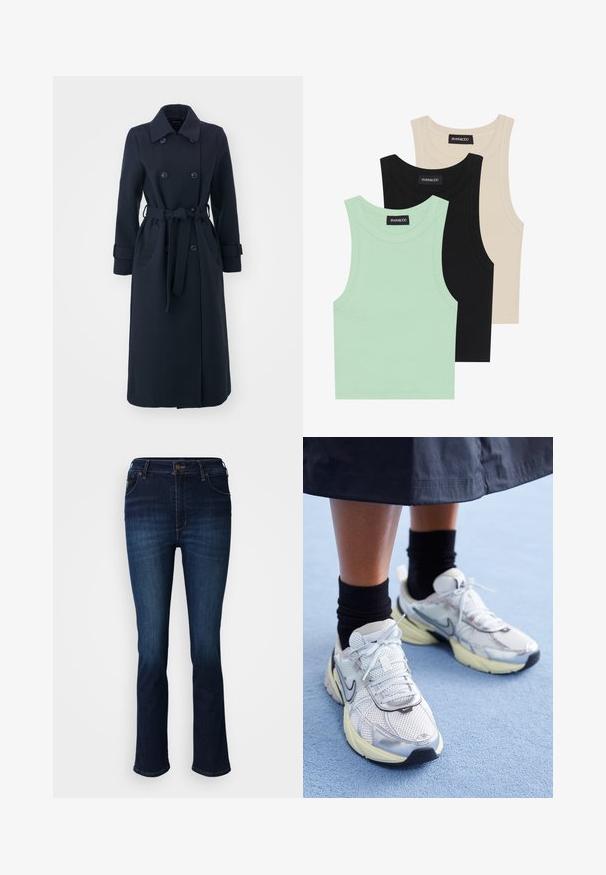 Tamsiai mėlynas vilnos mišinio paltas, turintis dvigubą užsegimą, diržą juosmeniui ir šonines kišenes.; Trys tankų marškinėliai mėtų žalsvos, juodos ir smėlio spalvos; pagaminti iš raiboto audinio, su apvaliu iškirpimu ir be rankovių. Matoma prekės ženklo etiketė.; Tamsiai mėlyni džinsai iš džinso audinio, tiesaus silueto, su penkiomis kišenėmis, užsegami mygtuku, su švelniais išblukimais šlaunyse.; Balti ir sidabriniai Nike sportbačiai su tinkline medžiaga, atspindinčiais akcentais ir smėlio spalvos padu. Dėvimi su juodomis kojinėmis, stovint ant mėlynos paviršiaus.