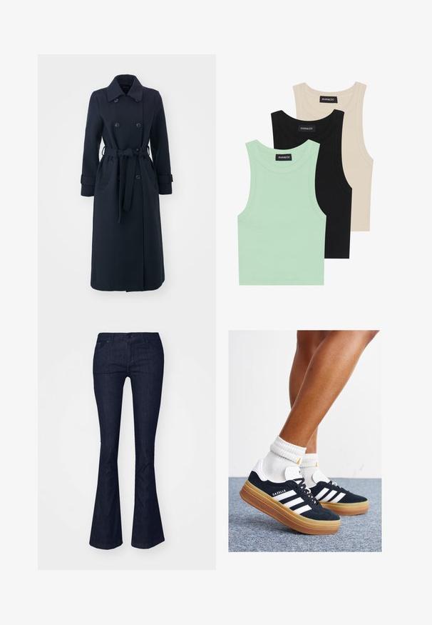 Granatowy trencz wykonany z mieszanki wełny, z podwójnym zapięciem z przodu, paskiem w talii oraz bocznymi kieszeniami.; Trzy topy na ramiączkach w kolorze miętowym, czarnym i beżowym; wykonane z prążkowanej tkaniny, z okrągłym dekoltem i bez rękawów. Widać metkę marki.; Ciemnoniebieskie dżinsy typu dzwon z średnim stanem, z przednimi kieszeniami i zapięciem na guzik. Gładka tekstura i czyste wykończenie.; Czarne zamszowe trampki z białymi paskami i akcentami, zaokrąglonym noskiem, gumową podeszwą w kolorze jasno-brązowym, zestawione z białymi żebrowanymi skarpetkami do kostki.