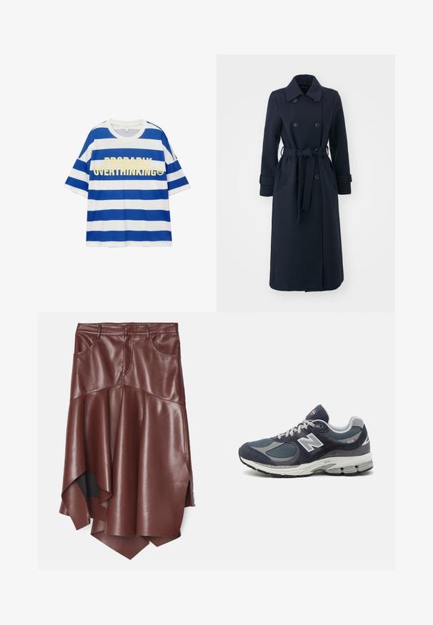 Navy blue trench coat made of wool blend fabric, featuring a double-breasted front, belted waist, and side pockets.; Cotton t-shirt with blue and white horizontal stripes. Features bold yellow text "PROBABLY OVERTHINKING" and a smiley graphic. Short sleeves.; Brown faux leather skirt with a flared, asymmetric hem, featuring two front pockets and a smooth, glossy texture.; New Balance sneakers with a navy mesh and suede upper, gray accents, white logo, cushioned sole, and textured detailing.
