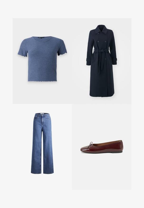 Navy blue trench coat made of wool blend fabric, featuring a double-breasted front, belted waist, and side pockets.; Blue ribbed short-sleeve top with a round neckline and scalloped hem. Made from soft, textured fabric with a fitted design.; Light blue denim wide-leg jeans with a high waist, two front pockets, and visible stitching. Features a button and zipper closure.; Burgundy patent leather ballet flat with a rounded toe, small bow accent at the front, and a low, black rubber sole. Smooth texture.