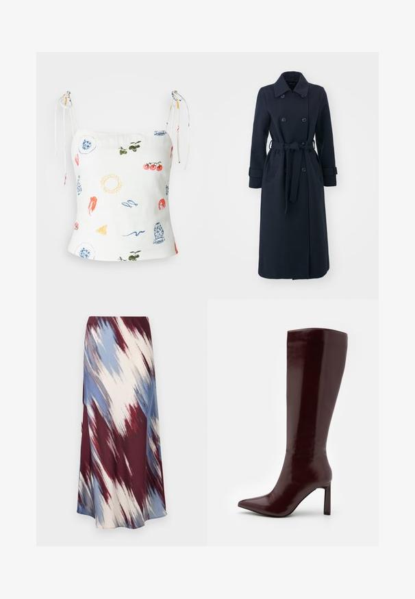 Marinblå trenchcoat gjord av en blandning av ullfibrer, med dubbelknäppt front, midjebälte och sidofickor.; Abercrombie & Fitch SLIM TIE STRAP - Linne - multi-coloured; Lång kjol med ett diagonalt tie-dye-mönster i burgundy, blått och krämfärgat, tillverkad av mjukt material med en flödande siluett och lätt glans.; Even&Odd Stövel - dark red