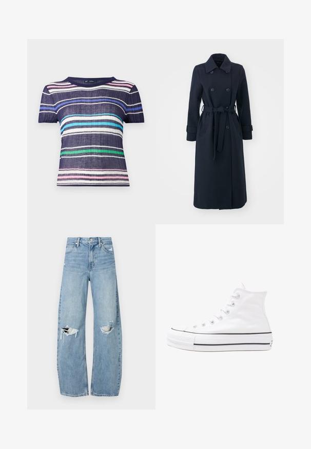 Námorně modrý trenčkot vyrobený z vlněného směsového materiálu, s dvouřadým zapínáním, páskem v pase a bočními kapsami.; Tričko s krátkým rukávem s námořnickým základem a vodorovnými pruhy v růžové, bílé, světle modré, zelené a tmavě modré barvě. Texturovaná látka.; Světle modré džíny s vysokým pasem vyrobené z denimu. Mají široké nohavice, dvě roztržené oblasti na kolenou a klasický pětikapsový střih.; Bílé vysoké plátěné tenisky s černou gumovou podrážkou, přední gumovou špičkou a šesti očky na tkaničky, se čistým, minimalistickým designem.