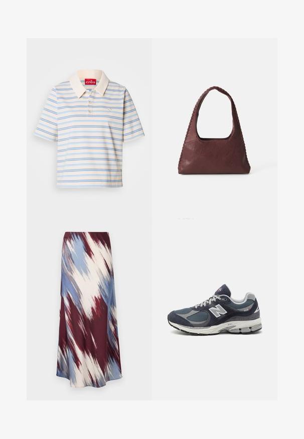 Tamsiai mėlynas vilnos mišinio paltas, turintis dvigubą užsegimą, diržą juosmeniui ir šonines kišenes.; Kreminė trumpomis rankovėmis polo marškinėliai su mėlynomis ir rudos spalvos horizontaliomis juostelėmis, turintys sagų apykaklę ir mažą logotipą kairiajame krūtinės pusėje.; Maxi sijonas iš minkštos medžiagos, turintis įstrižą bordo, mėlynos, pilkos ir kreminės spalvų raštą. Laidus dizainas su apačia, siekiančia kulkšnis.; New Balance sportbačiai su tamsiai mėlyna tinkliniu ir veliūro viršumi, pilkomis detalėmis, baltu logotipu, paminkštintu padu ir tekstūruotais akcentais.; Burgundi odinės rankinės trikampio formos, atvira viršuje ir pintas detalės palei rankeną. Lygus paviršius su matinio apdaila.