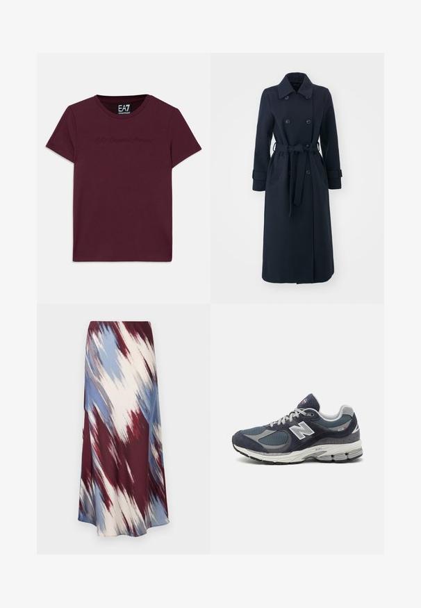 Tamsiai mėlynas vilnos mišinio paltas, turintis dvigubą užsegimą, diržą juosmeniui ir šonines kišenes.; Burgundiška medvilnės marškinėliai su trumpomis rankovėmis, apvaliu iškirpimu ir ant priekinės dalies išsiuvinėtu EA7 Emporio Armani logotipu. Klasikinis kirpimas.; Ilga sijonas su įstrižine tinklelio modeliu, nudažytas bordo, mėlyna ir kreminės spalvos, pagamintas iš minkštos medžiagos su laisva siluete ir nedideliu blizgesiu.; New Balance sportbačiai su tamsiai mėlyna tinkliniu ir veliūro viršumi, pilkomis detalėmis, baltu logotipu, paminkštintu padu ir tekstūruotais akcentais.
