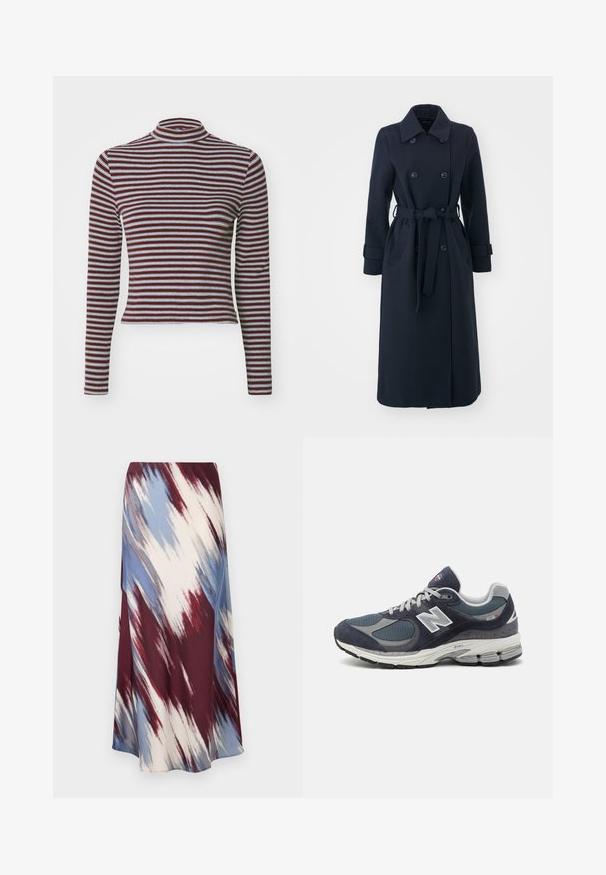 Marineblauer Trenchcoat aus Wollmischgewebe mit doppelter Knopfleiste, tailliertem Gürtel und seitlichen Taschen.; Levi's® EEFFORTLESS TEE - Langarmshirt - burgundy; Lange Rock mit einem diagonalen Batikmuster in Burgunder, Blau und Creme, aus weichem Stoff mit fließender Silhouette und leichtem Glanz.; New Balance Sneakers mit einem Obermaterial aus navy-mesh und Wildleder, grauen Akzenten, weißem Logo, gepolsterter Sohle und strukturierten Details.