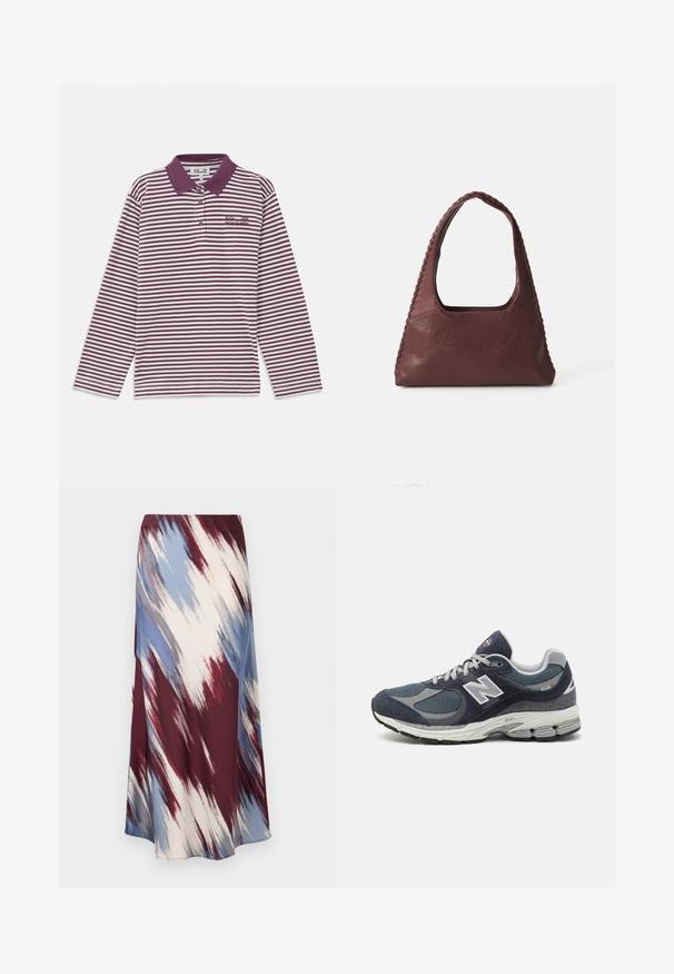Tamsiai mėlynas vilnos mišinio paltas, turintis dvigubą užsegimą, diržą juosmeniui ir šonines kišenes.; Ilga rankovė juostuota polo marškinėliai burgundiškai raudonos ir baltos spalvos, su apykakle, trimis mygtukais ir siuvinėtu logotipu ant krūtinės.; Ilga sijonas su įstrižine tinklelio modeliu, nudažytas bordo, mėlyna ir kreminės spalvos, pagamintas iš minkštos medžiagos su laisva siluete ir nedideliu blizgesiu.; New Balance sportbačiai su tamsiai mėlyna tinkliniu ir veliūro viršumi, pilkomis detalėmis, baltu logotipu, paminkštintu padu ir tekstūruotais akcentais.; Burgundi odinės rankinės trikampio formos, atvira viršuje ir pintas detalės palei rankeną. Lygus paviršius su matinio apdaila.