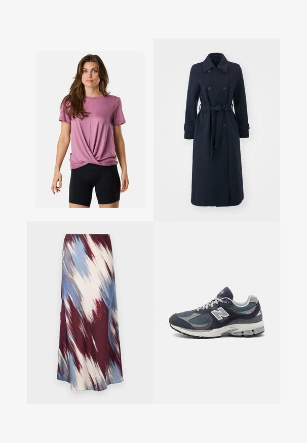 Navy blue trench coat made of wool blend fabric, featuring a double-breasted front, belted waist, and side pockets.; Pink short-sleeve t-shirt with a twisted design at the front, soft fabric, crew neckline, paired with black cycling shorts.; Long skirt featuring a diagonal tie-dye pattern in burgundy, blue, and cream, made of soft fabric with a flowing silhouette and slight sheen.; New Balance sneakers with a navy mesh and suede upper, gray accents, white logo, cushioned sole, and textured detailing.
