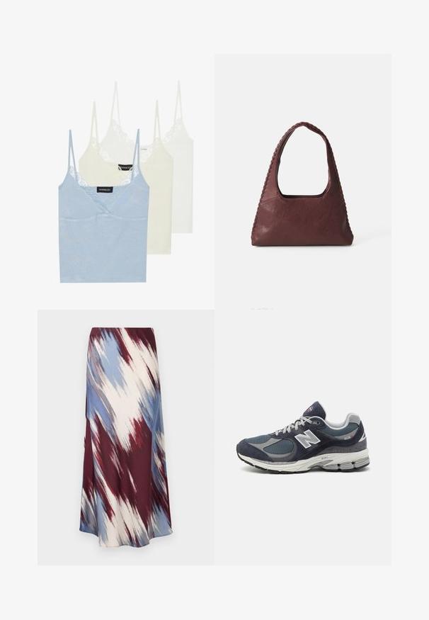 Tumedat sinine trench coat, mis on valmistatud villase segu kangast, topelt nööbistatud Front, vööga talje ja küljetaskudega.; Kolm kampsunit: helesinine, kreemja ja valge. Valmistatud pehmest kangast, millel on pitsserv kaelaaugu ääres ja õhukesed reguleeritavad rihmad.; Pikad seelik, millel on diagonaalne tie-dye muster burgundia, sinise ja kreemja värviga, valmistatud pehmest kangast, omades voolavat siluetti ja kerget sära.; New Balancei tennisetud sinise nailonvõrgu ja seemisnahaga, hallide aktsentidega, valgete logodega, pehmendatud tallaga ja tekstuursete detailidega.; Burgundia nahkkott, millel on kolmnurkne kuju, avatud ülemine osa ja palmikdetail käepideme ääres. Sile tekstuur ja matt viimistlus.