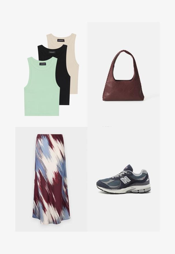 Tumedat sinine trench coat, mis on valmistatud villase segu kangast, topelt nööbistatud Front, vööga talje ja küljetaskudega.; Kolm t-särki mentool verdes, mustas ja beežis; ribakangast, ümmarguse kaelusega ja ilma varrukateta. Brändi silt on nähtav.; Pikad seelik, millel on diagonaalne tie-dye muster burgundia, sinise ja kreemja värviga, valmistatud pehmest kangast, omades voolavat siluetti ja kerget sära.; New Balancei tennisetud sinise nailonvõrgu ja seemisnahaga, hallide aktsentidega, valgete logodega, pehmendatud tallaga ja tekstuursete detailidega.; Burgundia nahkkott, millel on kolmnurkne kuju, avatud ülemine osa ja palmikdetail käepideme ääres. Sile tekstuur ja matt viimistlus.