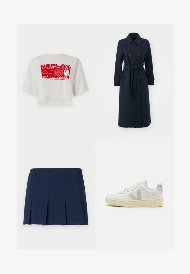 Navy blue trench coat made of wool blend fabric, featuring a double-breasted front, belted waist, and side pockets.; White cropped t-shirt made of cotton, featuring a large red graphic print with text and a tennis racket logo on the back.; Navy blue pleated mini skirt with a straight waistband, made from a smooth fabric. Features vertical stitching along the pleats.; White leather sneaker with beige suede accents, perforated toe box, flat laces, and a textured cream sole. Features subtle branding on heel.