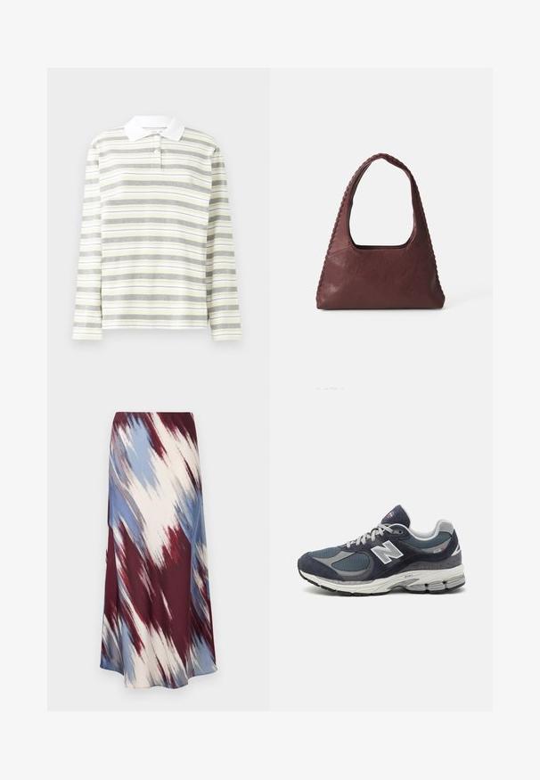 Námornícky modrý trenčkot vyrobený z vlneného zloženia tkaniny, so zapínaním na dvojité gombíky, pásom a bočnými vreckami.; Poloko s dlhým rukávom, ľahká zmes bavlny, obsahuje vertikálne striedavé pruhy v sivej, žltej a bielej farbe. Biela golier a tri gombíky.; Dlhá sukňa s diagonálnym vzorom tie-dye v burgundskej, modrej a krémovej farbe, vyrobená z jemnej látky s splývavým strihom a jemným leskom.; Tenisky New Balance s námorníckou sieťou a zvrškom z semišu, so šedými akcentmi, bielym logom, polstrovanou podrážkou a textúrovanými detailami.; Burgundská kožená kabelka trojuholníkového tvaru, s otvoreným vrchom a vrúbkovaným detailom na rukoväti. Hladký povrch s matným finišom.
