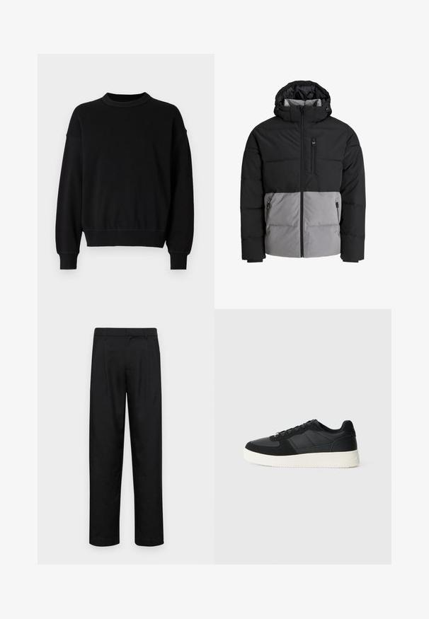 Opblaasjack met een zwarte bovenkant en een grijze onderkant, voorzien van een capuchon, een voorrits en een borstzak, gemaakt van geïsoleerde stof.; Zwarte sweatshirt van gladde stof, met een ronde hals, lange mouwen en aansluitende manchetten, met een relaxed fit bij de taille.; Zwarte broeken van gladde stof, met een recht model, twee voorknikken en een standaard tailleband met riemlussen.; Zwarte low-top sneaker met gestructureerd leer en suède panelen, witte rubberen zool en zwarte veters op een effen lichte achtergrond.