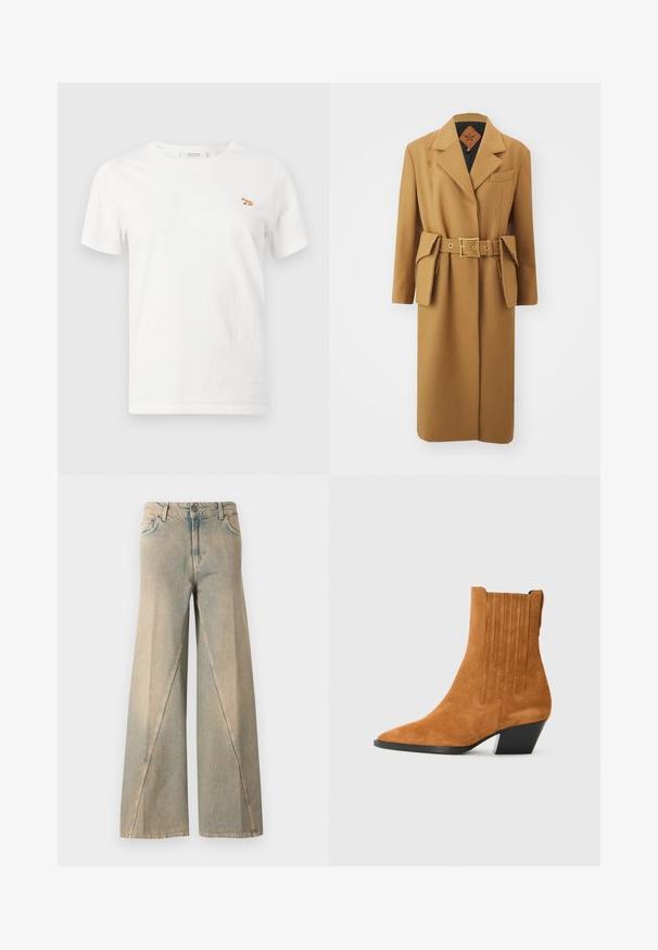 MCM BELT COAT  - Klassischer Mantel - cognac; Weißes T-Shirt mit kurzen Ärmeln und Rundhalsausschnitt, mit kleiner bestickter orangefarbener Fuchs auf der linken Brust.; Hellblaue weite Jeans aus Denim. Sie haben eine hohe Taille, Vorderseitentaschen und ein markantes Nahtmuster entlang der Beine.; Braune Wildleder-Stiefelette mit spitzem Zehenbereich, vertikalen Nahtdetails und einem verjüngten schwarzen Absatz. Glatte Textur über die gesamte Oberfläche.