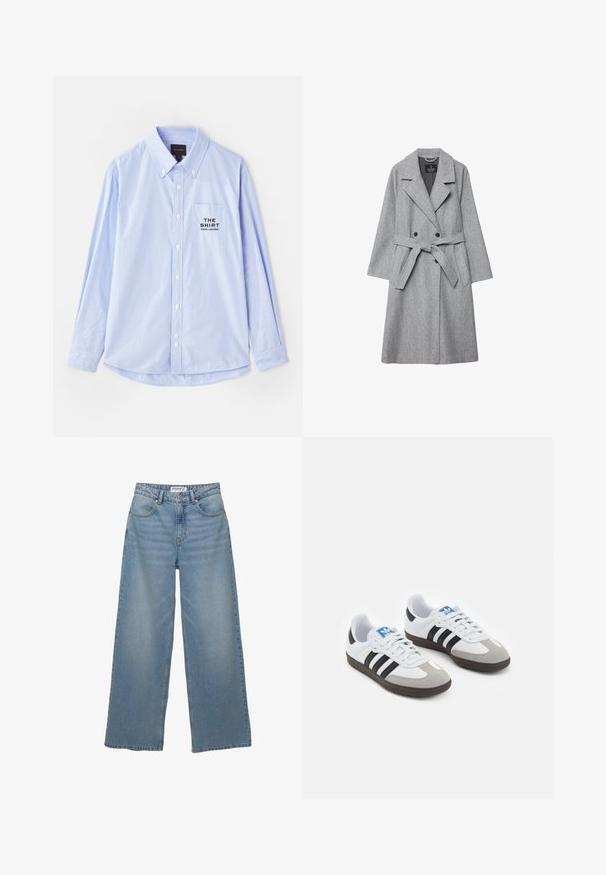 Šedý kabát z vlněné směsi s dvojitým zapínáním, velkými reverzy, páskem v pase a bočními kapsami. Má jemnou texturu a vytvarovaný střih.; Světle modrá košile na knoflíky s vertikálními bílými pruhy, dlouhými rukávy, límcem na knoflíky a náprsní kapsou s textem "THE SHIRT".; Bílý krátký rukávový tričko vyrobené z bavlny. Má kruhový výstřih a malé černé logo Adidas na hrudi. Rovný lem.; Světle modré džíny s širokými nohavicemi vyrobené z denimu. Mají vysoký pas, pět kapes a rovný střih s minimálním vyblednutím.; Sportovní boty s bílým koženým svrškem, šedou semišovou špičkou a třemi černými pruhy. Obsahují modré logo na jazyku a texturovanou gumovou podrážku.