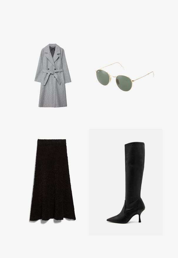 Harmaa villasekoitekotelo, jossa on kaksoisnapitusdesign, suuret kaulus, vyötärövyö ja sivutaskut. Ominaisuuksiin kuuluu pehmeä rakenne ja muotoiltu malli.; Musta puuvillainen ylisuuri t-paita lyhyillä hihoilla. Vasen rinta-alueella on pieni grafiikkatulostus valkoisena ja sinisenä.; Mustat, pörröiset kangashame A-linjaisella muodolla ja raidoitetulla helmalla. Tekstuurin näyttää olevan pehmeä ja mukava, sopii arkivaatteiksi tai kerrospukeutumiseen.; Stuart Weitzman Saappaat - black; Kultaiset metallikehyiset aurinkolasit, joissa on vihreät linssit, pyöreä muoto, ohuet templet ja valkoiset muoviset korostukset varsien päissä.