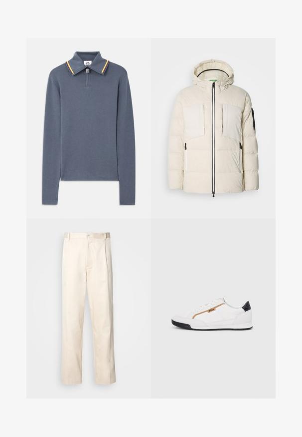 Jaqueta puffer em bege claro com capuz, apresentando dois bolsos no peito, dois zíperes laterais e um detalhe preto na manga. Textura suave.; Camisa polo de manga comprida em azul com gola clássica com fecho de correr, apresenta uma gola riscada contrastante em vermelho, amarelo e verde. Textura lisa em malha.; Calças de algodão bege com corte reto, apresentando um fecho de botão e pregas na frente para um detalhe adicional.; Tênis atléticos brancos com detalhes em malha e couro. Apresenta um logotipo dourado "BOSS", painéis laterais texturizados e um capô de calcanhar preto. Sola em borracha.