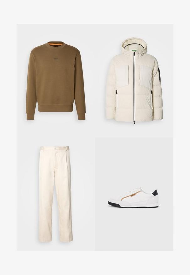 Chaqueta de plumas en beige claro con capucha, que cuenta con dos bolsillos en el pecho, dos cremalleras laterales y un detalle negro en la manga. Textura suave.; BOSS Sudadera - open green; Pantalones de algodón beige con corte recto, que cuentan con un cierre de botón y pliegues en la parte frontal para un detalle adicional.; Zapatillas deportivas blancas con acentos de malla y cuero. Presentan un logotipo dorado de "BOSS", paneles laterales texturizados y una tapa de talón negra. Suela de goma.