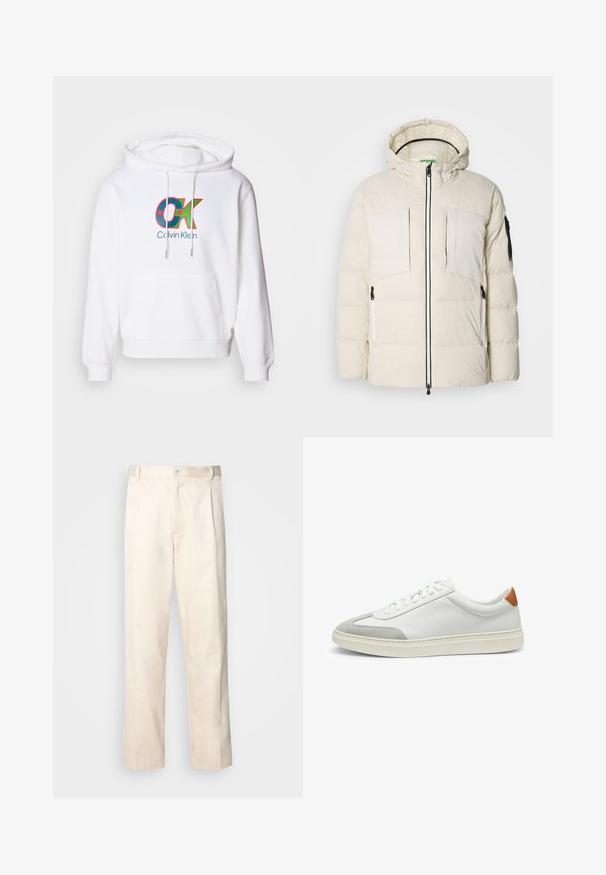 Steppjacke in hellbeige mit Kapuze, ausgestattet mit zwei Brusttaschen, zwei seitlichen Reißverschlüssen und einem schwarzen Akzent am Ärmel. Glatte Textur.; Weißer Hoodie mit einer vorderen Kängurutasche, einer Kapuze mit Kordelzug und einem bunten "OK"-Logo mit "Calvin Klein"-Text in Blau.; Beige Baumwollhose mit geradem Bein, ausgestattet mit einem Knopfverschluss und Falten an der Vorderseite für zusätzliche Details.; Weiße Leder-Sneaker mit grauen Wildlederakzenten und einer sandfarbenen Lederfersenschlaufe. Sie verfügen über eine strukturierte Oberfläche und eine leichte Sohle.