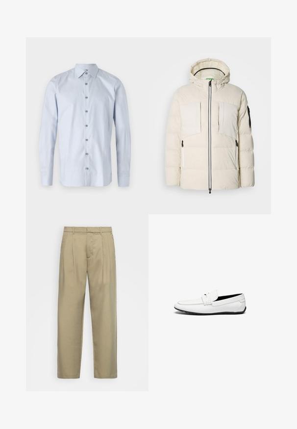 Kurtka puchowa w jasnym beżu z kapturem, z dwoma kieszeniami na piersi, dwoma bocznymi zamkami błyskawicznymi oraz czarnym akcentem na rękawie. Gładka tekstura.; Jasnoniebieska koszula z długim rękawem, z wyraźnym kołnierzykiem i subtelnie teksturowanym wzorem. Posiada metalowe guziki z przodu.; Beżowe, wysokie spodnie o prostym kroju, z płaskim przodem, bocznymi kieszeniami i gładkim, teksturowanym materiałem.; Białe skórzane mokasyny o gładkim wykończeniu, z przeszytym akcentem, zaokrąglonym noskiem i czarną gumową podeszwą dla lepszej przyczepności.