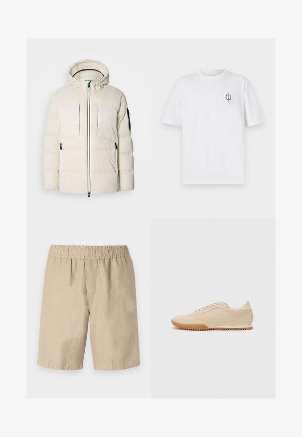 Heledus puffer-jakk heledas beežis, kapuutsiga, millel on kaks rinna taskut, kaks külgset zipperit ja must aktsent varrukal. Silunud tekstuur.; Valge puuvillane t-särk lõdva sobivusega, millel on vasakul rinnal väike must graafiline logo. Lühikesed varrukad, ümmargune kaelus.; Beez värvi puuvillast lühikesed püksid elastse vöökohaga, omades mugavat lõiget ja sujuvat tekstuuri. Ilma nähtavate taskute või mustriteta.; Beez Suede spordijalatsid voolujoonelise disainiga, millel on tekstureeritud ülemine osa, ümar toe ning kummist tallaga, millel on sakiline muster.