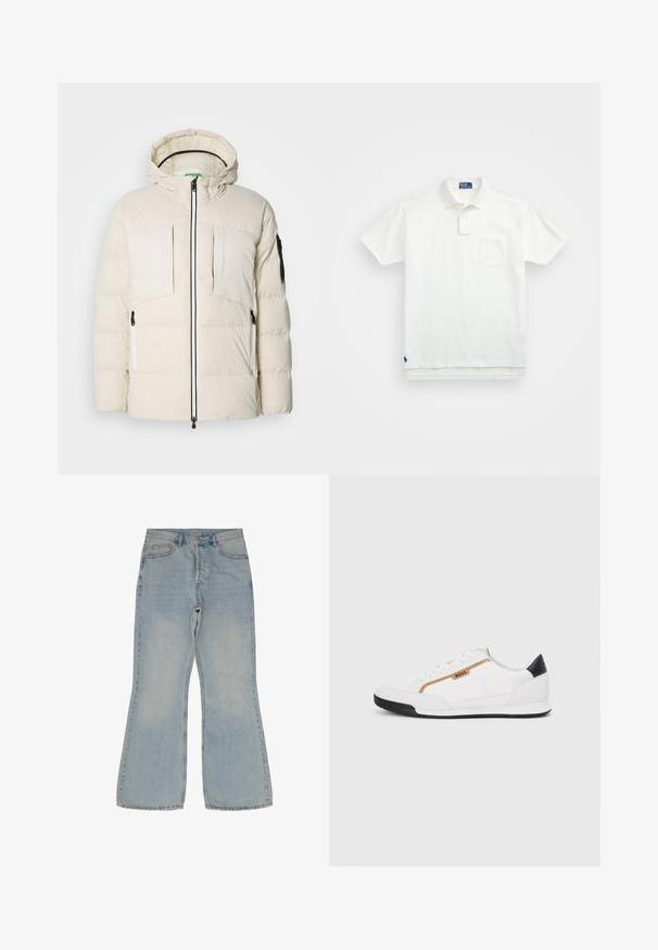 Kurtka puchowa w jasnym beżu z kapturem, z dwoma kieszeniami na piersi, dwoma bocznymi zamkami błyskawicznymi oraz czarnym akcentem na rękawie. Gładka tekstura.; Biała koszulka polo wykonana z bawełny, z klasycznym kołnierzykiem, trzema guzikami oraz kieszonką na lewym piersi; małe logo na dolnym brzegu.; Jasnoniebieskie dżinsy w stylu dzwonów, wykonane z denimu. Posiadają pięć kieszeni, zapięcie na guzik oraz kontrastowe przeszycia na szwach.; Białe buty sportowe z siateczkowymi i skórzanymi akcentami. Posiadają złote logo "BOSS", teksturowane boczne panele i czapkę pięty w kolorze czarnym. Gumowa podeszwa.