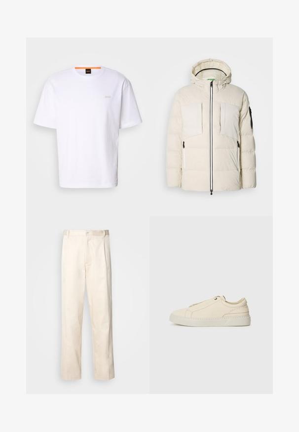 Švarkas pūkinis, šviesiai bežinis, su kapišonu, turi dvi krūtinės kišenes, dvi šonines užtrauktukus ir juodą akcentą ant rankovės. Lygi tekstūra.; Balto medvilnės T-shirt'as su trumpomis rankovėmis, apvaliu kaklu ir subtiliu "BOSS" logotipu smėlio spalvos ant krūtinės. Lygus paviršius ir tiesus kirpimas.; Bežinės medvilninės kelnės su tiesiu kirpimu, turinčios mygtuko uždarymą ir priekyje raukšles papildomai dekoratyviam akcentui.; Kreminio odos sportbačiai su apvaliu nosiu, minimalistiniu dizainu, subtiliomis siuvimo detalėmis ir tekstūrine viršutine dalimi, ant šviesios pado.