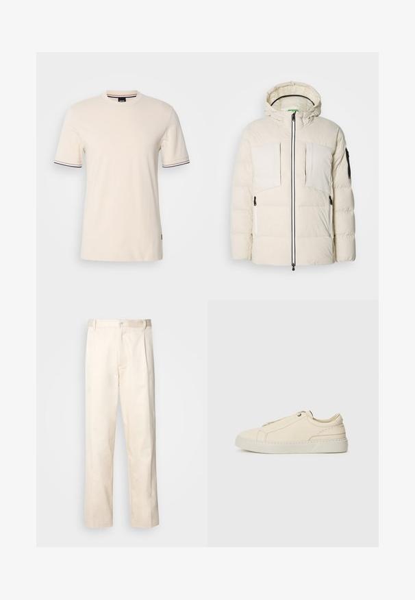 Heledus puffer-jakk heledas beežis, kapuutsiga, millel on kaks rinna taskut, kaks külgset zipperit ja must aktsent varrukal. Silunud tekstuur.; Lühikeste varrukatega beež T-särk, valmistatud puuvillast, ümmarguse kaelusega, kontrastsete äärtega varrukatel ja logo sildiga külje peal.; Beesidised puuvillased püksid sirge jala lõikega, mis on varustatud nööpkinnituse ja ees olevate voltidega, et lisada detaili.; Beige nahkased kingad ümmarguse varbaga, minimalistlik disain, peened õmbluse detailid ja tekstureeritud pealispind, heledal tallal.