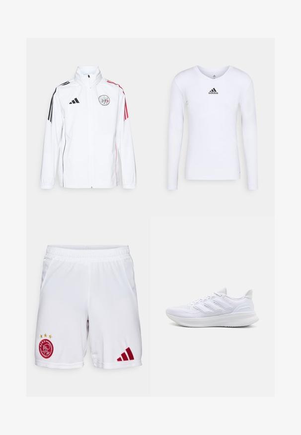 White adidas jacket with black accents, red stripes on sleeves, high collar, and an embroidered logo on the left chest; smooth texture.; Long-sleeve white athletic shirt made of smooth material featuring a black Adidas logo at the chest; V-neck design and fitted shape.; adidas Performance AJAX AMSTERDAM HOME SHORT - Club wear - white; White athletic shoes featuring a textured mesh upper, supportive cushioned sole, and three stripe design on the side.