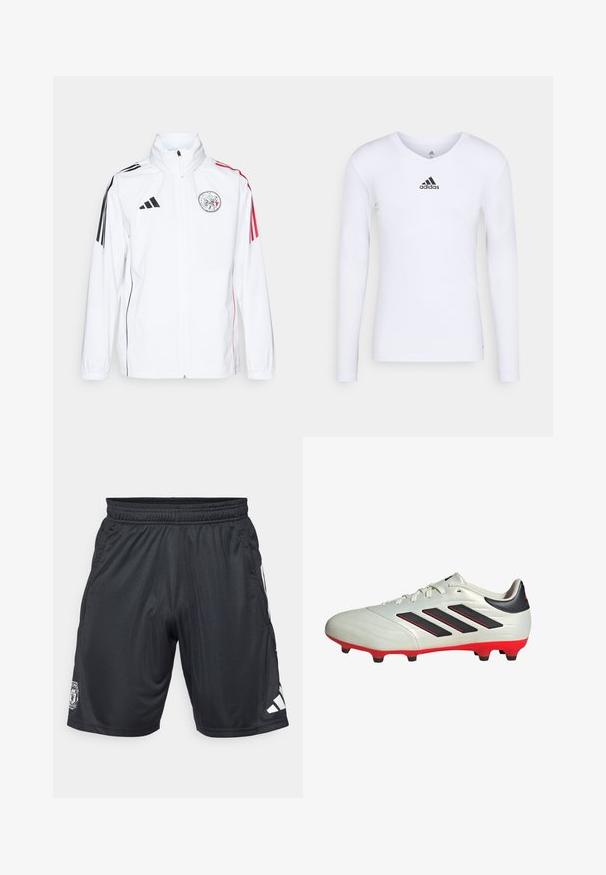 Giacca bianca adidas con accenti neri, strisce rosse sulle maniche, colletto alto e logo ricamato sul lato sinistro del petto; texture liscia.; Maglietta atletica bianca a maniche lunghe realizzata in materiale morbido con logo Adidas nero sul petto; design a V e forma aderente.; Pantaloni sportivi neri realizzati in materiale leggero. Presentano una vita elasticizzata, tasche laterali e il logo bianco di adidas in basso a destra.; Scarpa da calcio bianca con accenti neri e suola rossa. Presenta tre strisce nere sul lato e una tomaia liscia e testurizzata.
