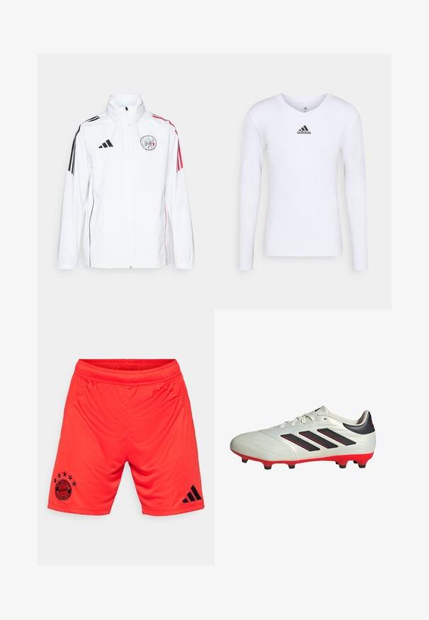 Chaqueta blanca de adidas con acentos negros, rayas rojas en las mangas, cuello alto y un logo bordado en el lado izquierdo del pecho; textura suave.; Camiseta deportiva de manga larga blanca, fabricada con material suave, que presenta un logo negro de Adidas en el pecho; diseño de cuello en V y forma ajustada.; adidas Performance FC BAYERN M�NCHEN HOME SHORT - Equipación de clubes - red; Botas de fútbol blancas con acentos negros y suela roja. Presentan tres rayas negras en el lateral y una parte superior de textura suave.