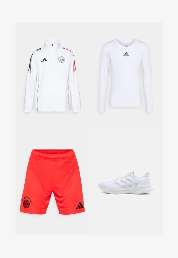 Chaqueta blanca de adidas con acentos negros, rayas rojas en las mangas, cuello alto y un logo bordado en el lado izquierdo del pecho; textura suave.; Camiseta deportiva de manga larga blanca, fabricada con material suave, que presenta un logo negro de Adidas en el pecho; diseño de cuello en V y forma ajustada.; adidas Performance FC BAYERN M�NCHEN HOME SHORT - Equipación de clubes - red; Zapatillas deportivas blancas con una parte superior de malla texturizada, suela acolchada y soporte, y un diseño de tres rayas en el lateral.