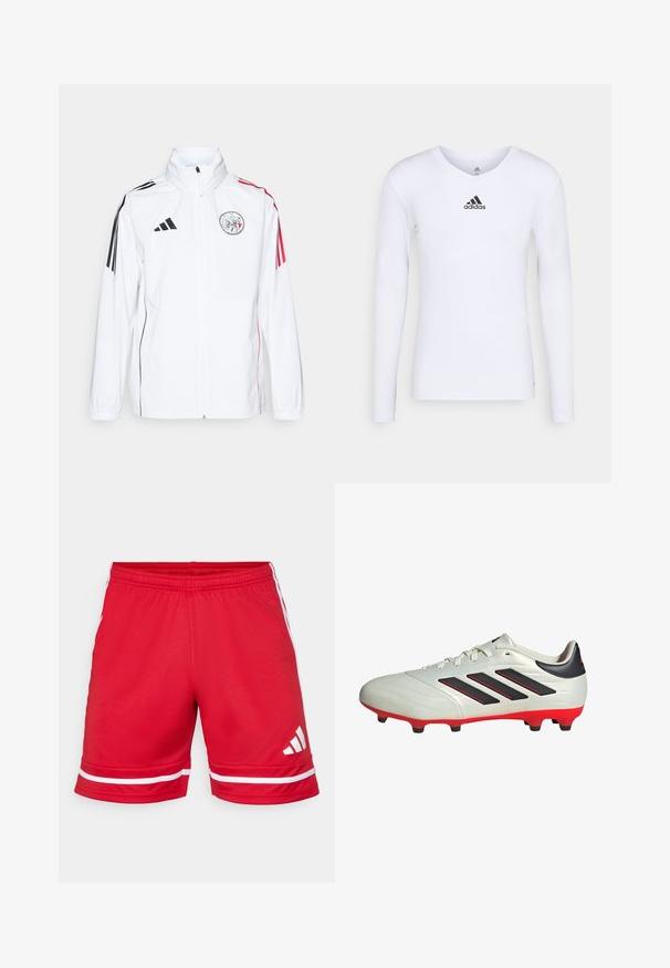 Weiße adidas-Jacke mit schwarzen Akzenten, roten Streifen an den Ärmeln, hohem Kragen und gesticktem Logo auf der linken Brust; glatte Textur.; Langärmliges weißes Sportshirt aus glattem Material mit einem schwarzen Adidas-Logo auf der Brust; V-Ausschnitt-Design und figurbetonte Form.; Rote Sportshorts aus leichtem Material, mit weißen horizontalen Streifen am Saum und einem weißen Logo auf dem linken Bein.; Weißer Fußballschuh mit schwarzen Akzenten und roter Sohle. Verfügt über drei schwarze Streifen an der Seite und ein glattes Obermaterial.