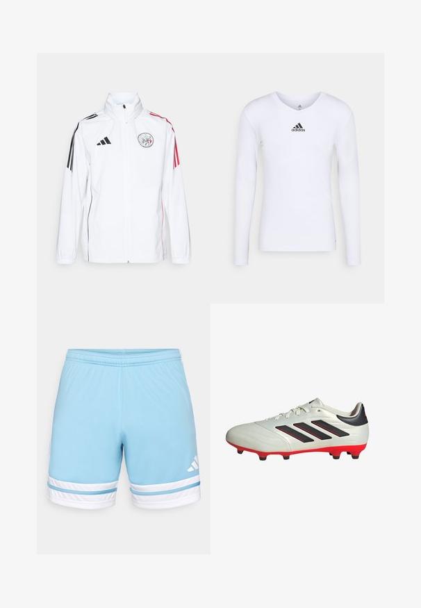 Giacca bianca adidas con accenti neri, strisce rosse sulle maniche, colletto alto e logo ricamato sul lato sinistro del petto; texture liscia.; Maglietta atletica bianca a maniche lunghe realizzata in materiale morbido con logo Adidas nero sul petto; design a V e forma aderente.; Pantaloni sportivi azzurri chiari con vita elasticizzata, dotati di strisce e dettagli bianchi. Logo Adidas bianco sul lato sinistro.; Scarpa da calcio bianca con accenti neri e suola rossa. Presenta tre strisce nere sul lato e una tomaia liscia e testurizzata.