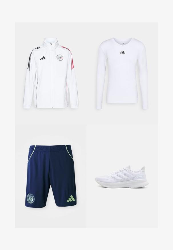 Weiße adidas-Jacke mit schwarzen Akzenten, roten Streifen an den Ärmeln, hohem Kragen und gesticktem Logo auf der linken Brust; glatte Textur.; Langärmliges weißes Sportshirt aus glattem Material mit einem schwarzen Adidas-Logo auf der Brust; V-Ausschnitt-Design und figurbetonte Form.; Marineblaue Sportshorts mit grünen Akzenten, elastischem Bund, seitlichen Taschen, Logo-Patch und drei Streifen-Design am unteren Bein.; Weiße Sportschuhe mit einem strukturierten Mesh-Obermaterial, einer stützenden gepolsterten Sohle und einem drei Streifen-Design an der Seite.