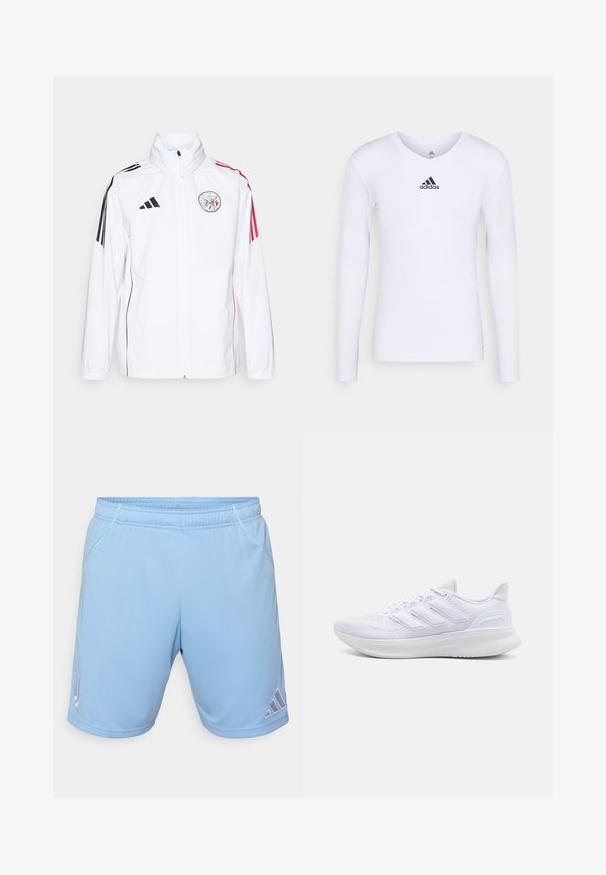 Weiße adidas-Jacke mit schwarzen Akzenten, roten Streifen an den Ärmeln, hohem Kragen und gesticktem Logo auf der linken Brust; glatte Textur.; Langärmliges weißes Sportshirt aus glattem Material mit einem schwarzen Adidas-Logo auf der Brust; V-Ausschnitt-Design und figurbetonte Form.; Helle blaue Sportshorts aus glattem Stoff, mit kontrastierenden gelben Nähten und einem Adidas-Logo an der unteren Seite.; Weiße Sportschuhe mit einem strukturierten Mesh-Obermaterial, einer stützenden gepolsterten Sohle und einem drei Streifen-Design an der Seite.