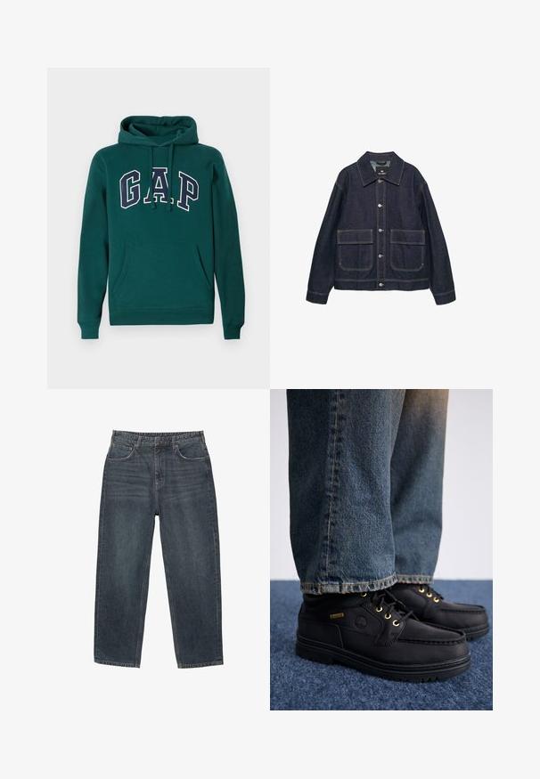 Donkerdenimjack met een klassieke kraag, twee voorzakken, zilveren drukknopen en contrasterende stiksels door het hele jack.; Donkergroene hoodie van een katoenmix, met een groot "G.A.P." logo in wit en marineblauw, een voorste kangoeroezak en een capuchon met trekkoord.; Donkerblauwe denim jeans met een recht model, vijf zakken, riemlussen en subtiele vervaging in het materiaal. Gestikt zoomdetail.; Zwarte leren schoenen met gouden oogjes en een gestructureerde afwerking, gecombineerd met blauwe spijkerbroeken. De schoenen hebben een gelaagde zool en een merkteken.