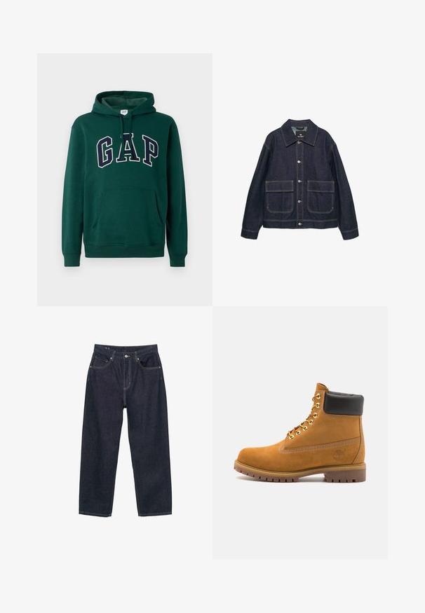 Mörk denimjacka med en klassisk krage, två framfickor, silverfärgade tryckknappar och kontrasterande sömmar genom hela jackan.; Grön hoodie i en bomullsmix, med en känguruficka, dragsko på huvan och stor "GAP"-logotyp i vit och marinblå bokstäver.; Mörkblå denimjeans med lös passform, som har fem fickor, kontrasterande gul sömnad och knäppning fram.; Tan mockasins ankelstövlar med svart vadderad krage, guldmetallöglor, vit sömdekor och slitstöt gummisula med utmärkta mönster.