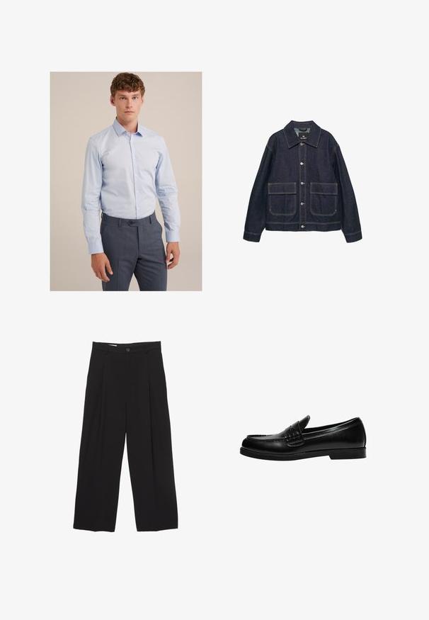 Ciemnoniebieska kurtka dżinsowa z klasycznym kołnierzykiem, dwiema przednimi kieszeniami, srebrnymi zatrzaskami oraz kontrastowym przeszyciem.; Jasnoniebieska koszula z długim rękawem, wykonana z gładkiej bawełny, z kołnierzykiem w szpic, w połączeniu z ciemnoszarymi spodniami w eleganckim kroju.; Czarne spodnie o szerokich nogawkach, wykonane z gładkiego materiału, z płaskim pasem, plisami z przodu oraz pojedynczym zapięciem na guzik.; Czarne skórzane mokasyny o gładkim wykończeniu, z detalem przeszycia na cholewce i niską, solidną czarną gumową podeszwą.