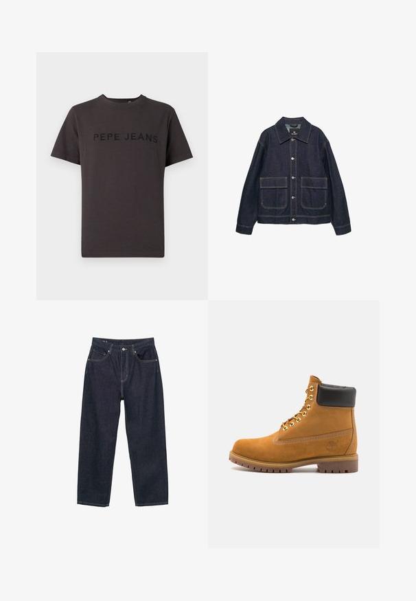 Jachetă din denim închis, cu guler clasic, două buzunare frontale, nasturi cu capsenă argintii și cusături contrastante pe toată suprafața.; Tricou gri închis din bumbac, cu mâneci scurte și guler rotund. "PEPE JEANS" este embossat în negru pe partea din față.; Jeans de denim albastru închis cu o croială confortabilă, prezentând cinci buzunare, cusături galbene contrastante și un sistem de închidere cu nasture în față.; Cizmă de gleznă din întoarsă de culoare bej, cu guler negru căptușit, ochiuri din metal auriu, detalii de cusătură albă și talpă din cauciuc robustă, cu un model pronunțat.